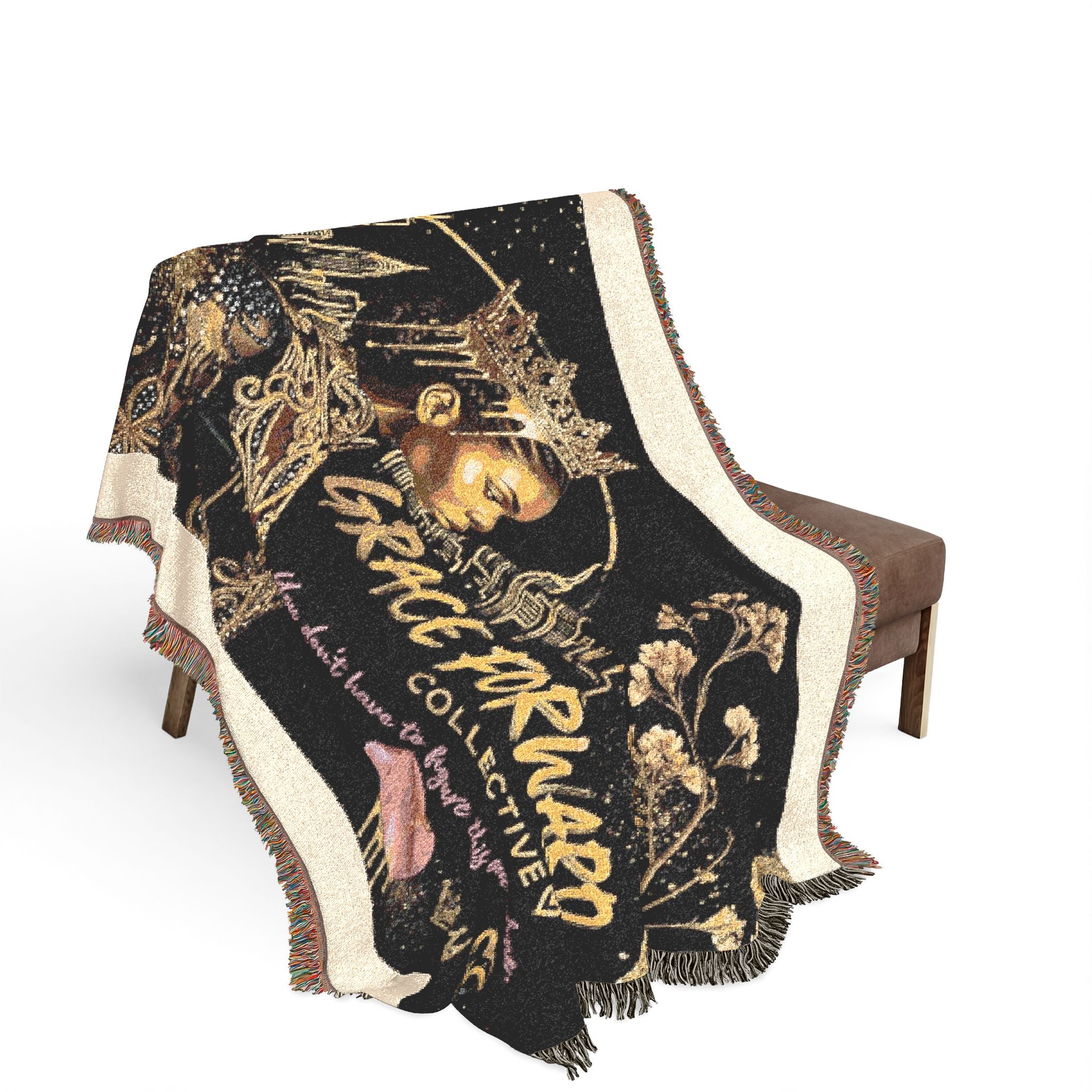 Grace Forward Woven Throw Blanket — Inspirational Black Queen Portrait Design