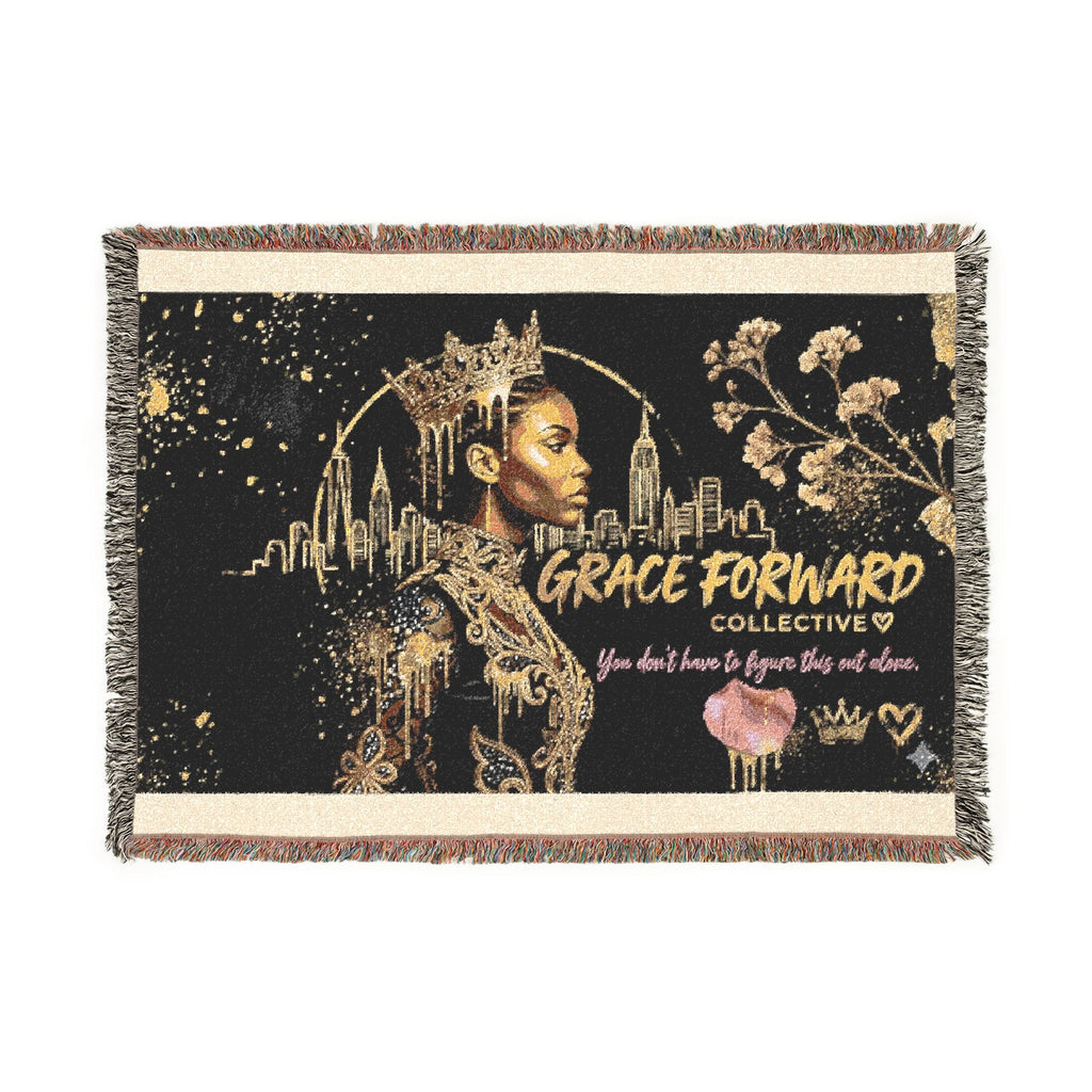 Grace Forward Woven Throw Blanket — Inspirational Black Queen Portrait Design