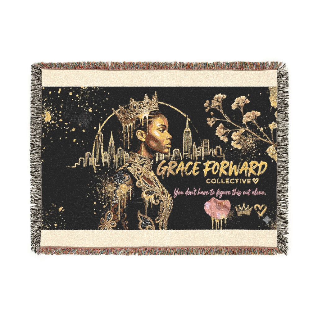 Grace Forward Woven Throw Blanket — Inspirational Black Queen Portrait Design