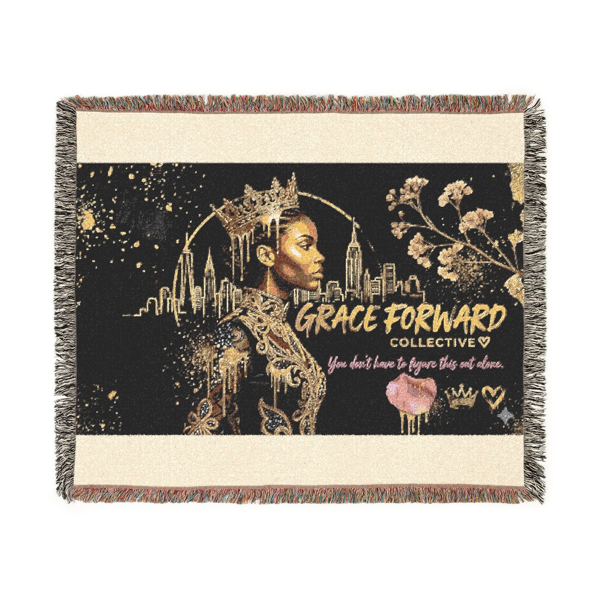 Grace Forward Woven Throw Blanket — Inspirational Black Queen Portrait Design